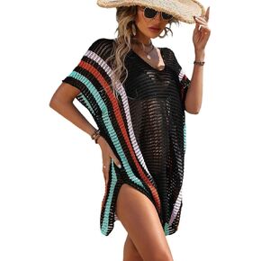 Women Swimsuit Cover Up Striped Pattern Batwing Sleeve Slit Cover Up Dress