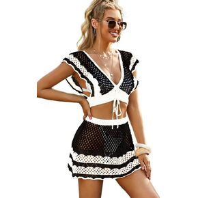 Women Swimsuit Cover Up Summer Beach Hollow Out Drawstring Cover Up Set
