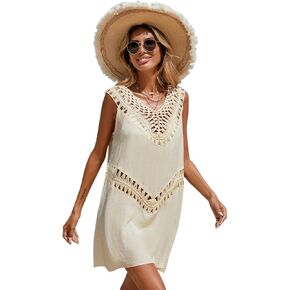 Women Swimsuit Cover Up V-Neck Sleeveless Casual Hollow Out Cover-Up Dress
