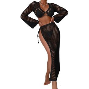 Women Swimsuit Cover Up Beach Hollow Out Drawstring Cover Up Set Without Underwear