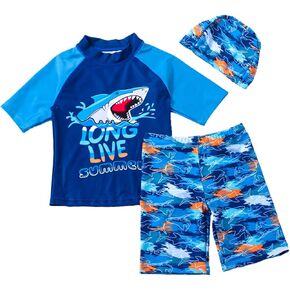 Boys' Swimwear 3 Piece Short Sleeve Shark Pattern Sets Boys Swim Shirts Swimming Trunks Bathing Suits with Hat for 2-10Y