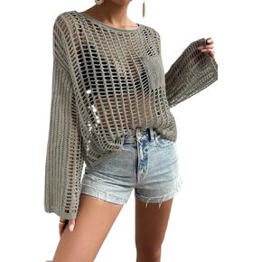 Women Swimsuit Cover Up Hollow Out Pocket Drop Shoulder Cover Up,Summer Beach