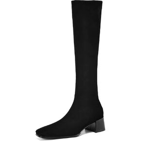 Women's Stretch Faux Suede Knee High Boots, Square Toe, Block Heel, Stylish and Comfortable Fit for Casual and Formal Outfits