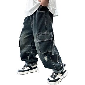 Baggy Jeans Boys Y2K Straight Leg Elastic Waist Denim Pants Loose Jeans Trousers with Pockets Kids Streetwear 4-14T