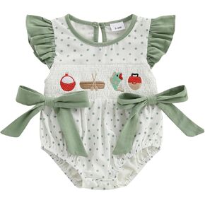 Newborn Baby Girl Fishing Outfit Fish Smocked Bubble Romper Dot Print Ruffle Bodysuit Infant Summer Clothes