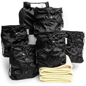 Kinder Cloth Diapers Set of 5 Reusable Baby Diapers Pocket Style Athletic Wicking Jersey, Bamboo Viscose Inserts, Wet Bag, Newborn to Potty Training 7-60lbs, One Size (Safari Friends)