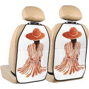 Woman Back Orange-Striped Dress Car Seat Back Kick Protectors,2 Pack Kick Mats with Storage Pockets for Vehicles to Protect from Dirt Mud Scratches