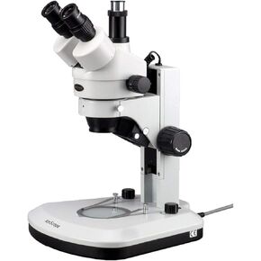 AmScope SM-1TY-RL Professional Trinocular Stereo Zoom Microscope, WH10x Eyepieces, 7X-90X Magnification, 0.7X-4.5X Zoom Objective, Upper and Lower LED Lighting, Track Stand, 110V-120V, Includes 2.0X Barlow Lens