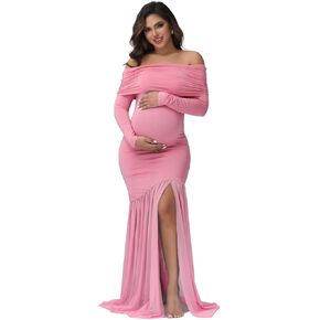 JustVH Maternity Long Sleeve Off Shoulder Party Baby Shower Dress Mesh Paneled Split Maxi Photography Gown for Photoshoot