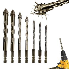 New Four-Flute Sawtooth Eccentric Drill Bit Set, Four Blade Serrated Eccentric Drill, High Hardness Skewed Head Drill for Ceramic Tile, Stone and Glass (7pcs)