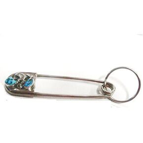 Hand Crafted By Virginia Johnson Giant Diaper Pin W/key Ring Chain W/nugget Dyed Turquoise & Crafted Eagle