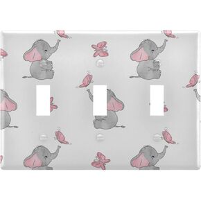 Cute Elephant Baby Play With Butterfly Animal Print On White Double Toggle Switch Cover Switch Plate Light Outlet Wall Plate Decoration Wallplate Cover