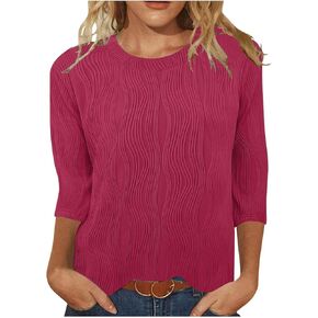 Womens Textured Tops Dressy Casual 3/4 Sleeve Round Neck Shirts Loose Fit Blouses Trendy Elegant Blouse Cute Soft Tees
