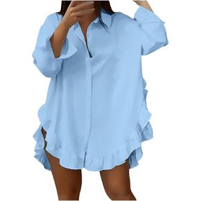 Womens Tops Dressy Casual Long Sleeve T Shirts V Neck Ruffle Hem Side Slit Button Down Blouse Summer Fashion Clothes