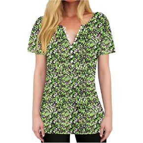 Womens Summer Henley Tops Dressy Casual Short Sleeve V-Neck Tunic Loose T-Shirts Elegant Trendy Blouse Soft Tees