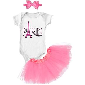 Tcombo Paris - Eiffel Tower France French Baby Bodysuit + Tutu Skirt + Bow Headband Set