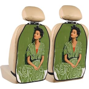 Watercolor Gouache Woman On Olive Green Car Seat Back Kick Protectors,2 Pack Kick Mats with Storage Pockets for Vehicles to Protect from Dirt Mud Scratches