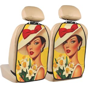 Elegant Woman Wearing White Hat Car Seat Back Kick Protectors,2 Pack Kick Mats with Storage Pockets for Vehicles to Protect from Dirt Mud Scratches