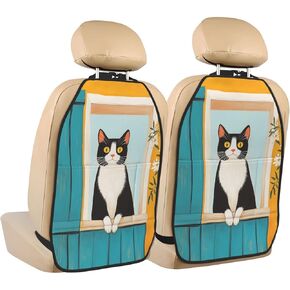 Cat in Window Car Seat Back Kick Protectors,2 Pack Kick Mats with Storage Pockets for Vehicles to Protect from Dirt Mud Scratches