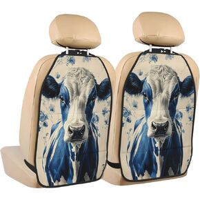 Blue Cow Car Seat Back Kick Protectors,2 Pack Kick Mats with Storage Pockets for Vehicles to Protect from Dirt Mud Scratches