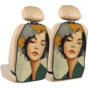 Woman in Olive Green Abstract Car Seat Back Kick Protectors,2 Pack Kick Mats with Storage Pockets for Vehicles to Protect from Dirt Mud Scratches