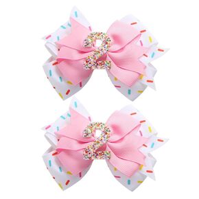 2Pcs Birthday Hair Bow for Baby Girls 2 3 4 5 6 7 Years Sprinkle Decorations Confetti Ice Cream Party Pink Pigtail Hair Accessories for Two 2nd Second Birthday