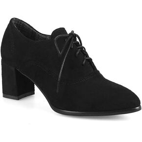 VOKLIN Women's Pointed Toe Lace Up Pump Oxfords Suede Vintage Brogue Chunky Block Mid Heel Office Dress Shoes