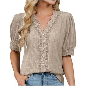 Womens Summer Casual V Neck Plain Lace Elegant Shirt Fashion Trendy Button Down Puff Sleeve Loose Fit Hollow Blouses