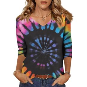 Women Summer Tops Loose Comfortable Trendy Shirts 3/4 Sleeve Printed Blouses Tees Tunic Casual V Neck T Shirts