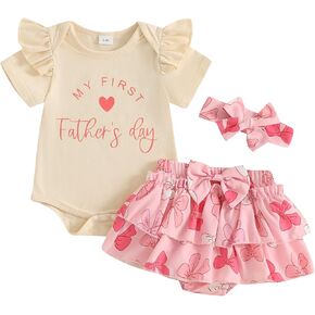 My First Fathers Day Baby Girl Outfit Letter Short Sleeve Romper Ruffle Layered Bow Shorts Cute Clothes+Headband