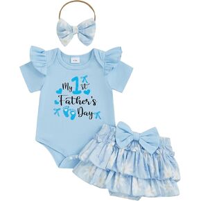 FIOMVA My First Fathers Day Outfit Baby Girl Bubble Romper+Ruffle Tutu Shorts Bloomer Newborn 1st Fathers Day Clothes
