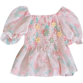 Toddler Undershirt Girls Summer Dress Top Floral Pattern Flower Decoration Wind Short Sleeve Tops
