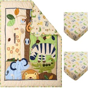 Wild Animal 3 Pieces Nursery Crib Bedding Set for Boys - Elephant Giraffe Crocodile Baby Boy Cot Bedding Set Quilt, Fitted Sheet x 2 - Green/Brown