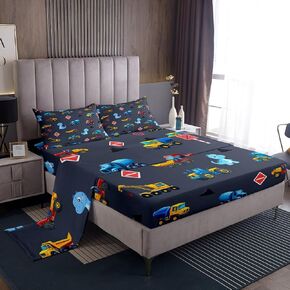 Kids Car Bed Sheet Set for Boys,Toddler Bedding Cartoon Truck Fitted Sheet Set Full 4 pcs,Watercolor Construction Vehicles Bed Sheet Set with Deep Pocket Fitted Sheet + Flat Sheet + 2 Pillowcases