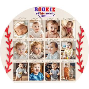 My First Year Wooden Photo Board 14x11 Baseball Shape 12 Months Milestone Photo Board Rookie of The Year Baby’s First Picture Frame for Themd 1st Birthday Baby Shower Party Decorations