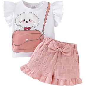 Toddler Girl Clothes Summer Outfits Ruffle Sleeve Cartoon T-Shirt Tops Casual Bow Pocket Shorts 12 Months-4 Years Old
