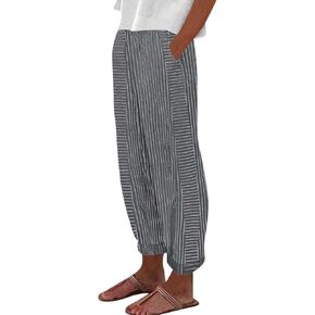 Linen Pants Women Linen Striped Elastic Waist Side Back Four Pockets 9/10 Loose Drawstring Elastic Waist Cropped Trouser