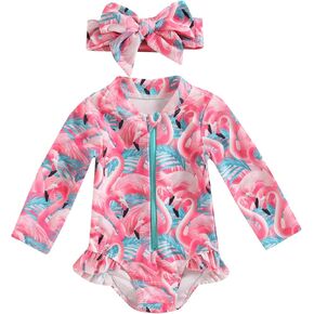 Girls' Rash Guard Swimsuit - Long Sleeve Zip-Up Romper with Matching Hat