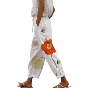 Womens Leggings and Summer Casual Drawstring Pants Casual Slacks Business Pants with Pockets Linen Pants for Women