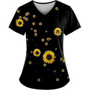 Scrubs for Women Fashion V Neck Short Sleeve Floral Printed Nurse Working Uniform with Pockets