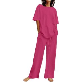 maisdgop 2 Piece Workout Sets for Women Comfy Cotton Linen Summer Outfits Oversized T Shirts and Straight Leg Pant Suits