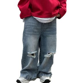 Boys Baggy Jeans Casual Elastic Waist Wide Leg Y2k Denim Pants Streetwear Vintage Ripped Cargo Trousers Loose Sweatpant 1-15T
