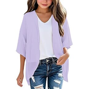 Beach Cover Ups for Girls 3/4 Sleeve Kids Tops Summer Loose Open Front Cardigan Casual Blouses Chiffon Kimono Coverup