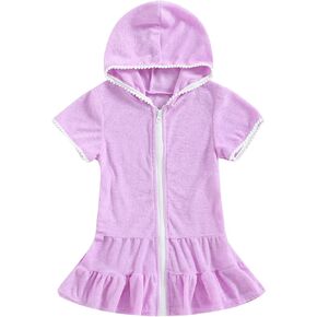 Toddler Kids Little Girl Swim Cover Up Towel Terry Swimsuit Wraps Zip Up Bathing Suit Short Beach Dress