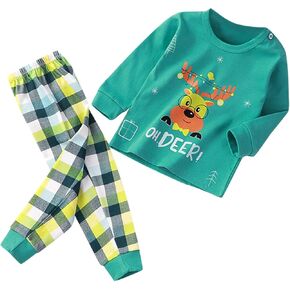 Toddler Boys' 2-Piece 𝐒nug Fit Cotton 𝐏ajama Set Long Sleeve 𝐒leepwear Cute Dear Tops+Plaid Pants 𝗟oungewear