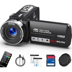 Camcorder Video Camera 4K HD 80MP Vlogging Camera for YouTube, 30FPS IR Night Vision Camera, 18X Digital Zoom 3.0 270°IPS Screen Video Camera with SD Card, 2 Batteries, Remote Control, and Stabilizer