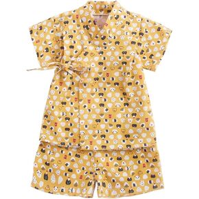 Infant Toddler Baby Bathrobe Pajamas Short Sleeved Home Clothes Newborn Summer Models Daily 2 Toddler Clothes Pack, Yellow, 6-12 Months
