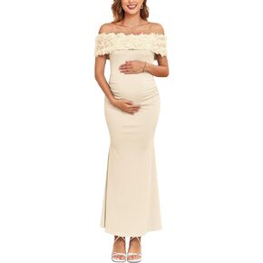 3D Floral Off The Shoulder Maternity Dress Sexy Ribbed Mermaid Maxi Bodycon Pregnancy Dresses Baby Shower