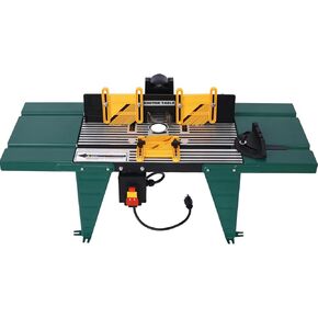 Electric Benchtop Router Table 34 in. x 13.5 in, Universal Benchtop Router Tables Top with Steel Stand, Adjustable Fence, Safety Guard & Miter Gauge for Woodworking, Craftsman Tool (Green)