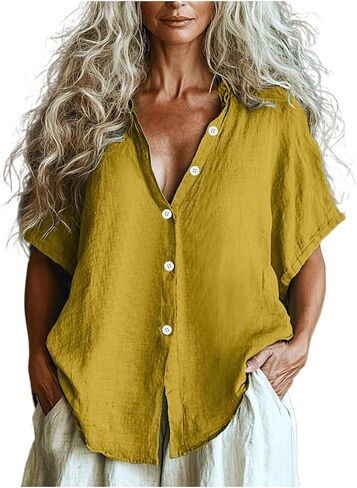 Women Linen Button Down Short Sleeve Lapel Collar Blouse Ladies Summer Casual Dressy V Neck Beach Cotton Shirt Tops in Kuwait